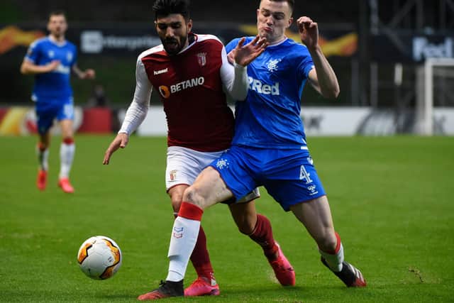 Rangers' George Edmundson delivering a towering performance in the Europa League win over Braga in Portugal. Picture: Miguel Riopa/AFP via Getty Images