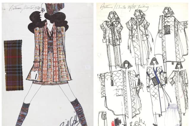 Drawing of Jacket and Skirt Outfit with Fabric Swatch for the Autumn/Winter 1970 Collection and Multidrawing of Jackets and Coats for Autumn/Winter 1976 Knitting Collection. Copyright Bill Gibb Trust (2011). Image: Aberdeen City Council (Museums and Galleries collection)
