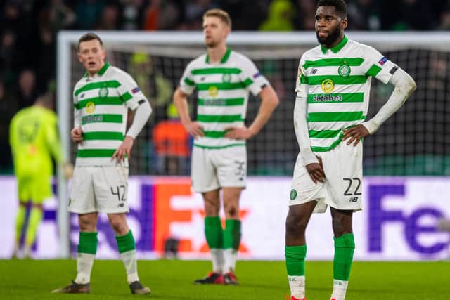 Celtic players stand dejected after conceding to Copenhagen in the Europa League. Picture: SNS