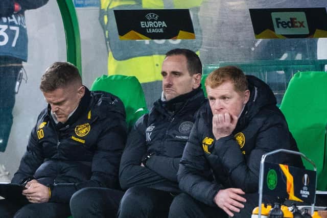 Neil Lennon, right, along with coaches Damien Duff and John Kennedy, watch on as Celtic exit Europe. Picture: SNS