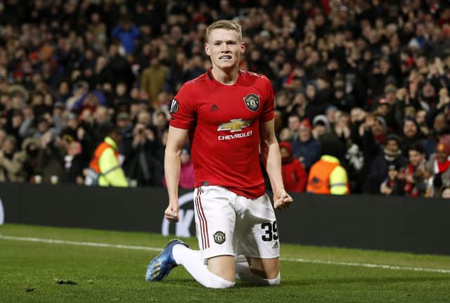 Manchester United's Scott McTominay celebrates scoring his side's third goal against Club Brugge. Picture: Martin Rickett/PA Wire