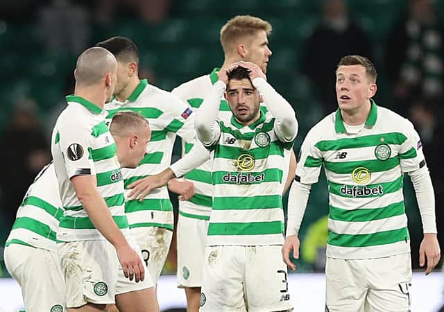 Celtic players look stunned after their 3-1 defeat by Copenhagen at Parkhead as they crashed out of the Europa League at the last-32 stage for the third year in a row. Picture Ian MacNicol/Getty