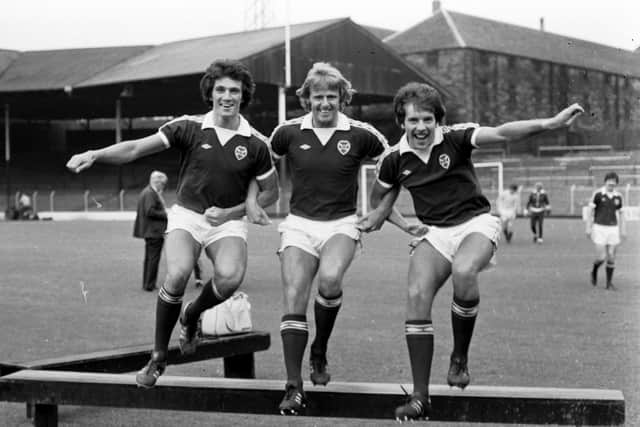 Graham Shaw, right, with Hearts team-mates Frank Liddell, left, and Jim Jefferies during a training session at Tynecastle in July 1979. Picture: Scotsman Publications