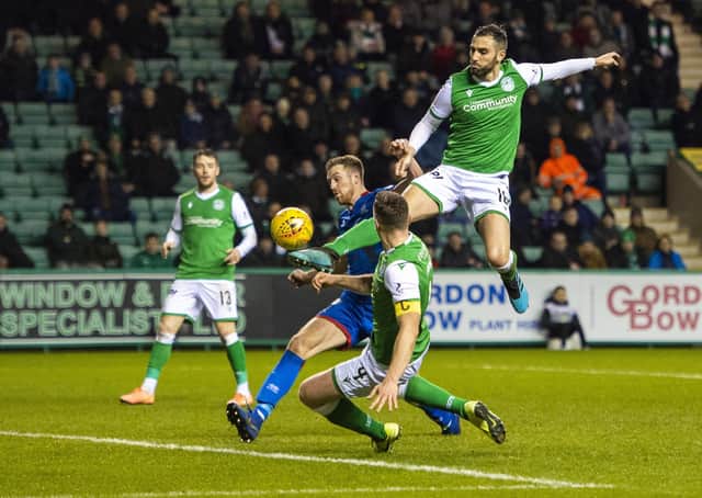 Adam Jackson opens the scoring for Hibs against Inverness Caledonian Thistle. Picture: Paul Devlin / SNS