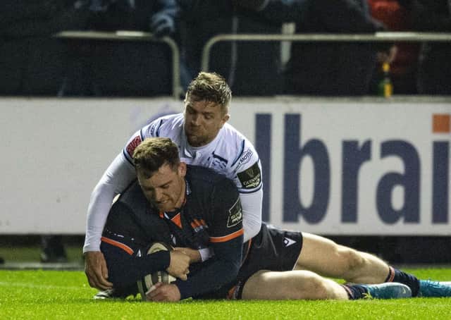 George Taylor touches down to put Edinburgh in front against Cardiff Blues at BT Murrayfield last night. pICTURE: sns.
