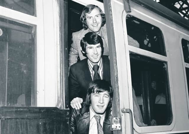 The late, great Rab Prentice, bottom, off on his travel again, with Hearts team-mates Jim Brown and Donald Ford. Picture: Scotsman Publications