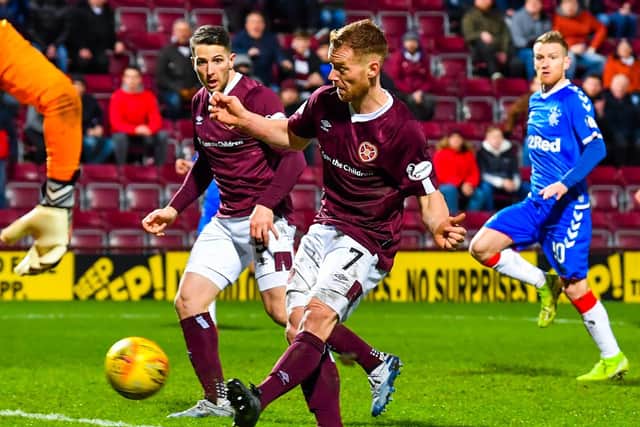 Oliver Bozanic nets the winning goal for Heartsa at Tynecastle. Picture: SNS