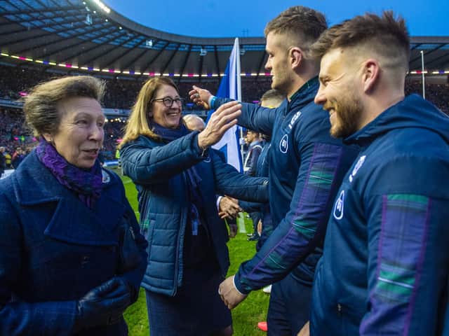 SRU president Dee Bradbury hugs son Magnus ahead of Scotland's match with England at BT Murrayfield. Picture: Gary Hutchison / SNS