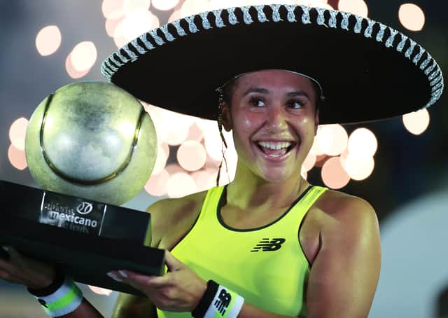 Heather Watson celebrates with the trophy after defeating Canadian Leylah Fernandez to win the Mexican Open final in Acapulco. Picture: Getty.
