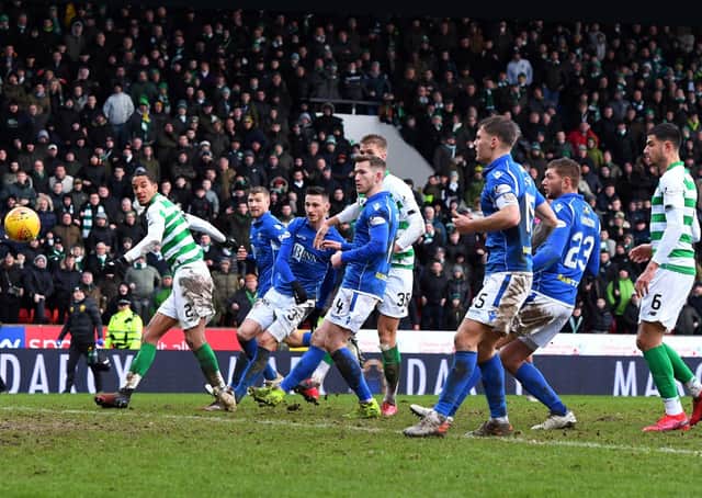 Ryan Christie's free-kick heads towards the St Johnstone net to clinch Celtic's 1-0 victory. Picture: SNS.
