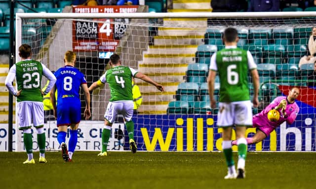 Mark Ridgers saves a first-half Paul Hanlon penalty during the William Hill Scottish Cup quarter-final between Hibs and Inverness Caledonian Thistle at Easter Road. Picture: Rob Casey/SNS