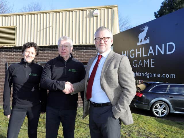 From left: Rural minister Mairi Gougeon, Simon Hodgson (chief executive of Forestry and Land Scotland) and Christian Nissen (Managing Director Highland Game). Picture: Contributed