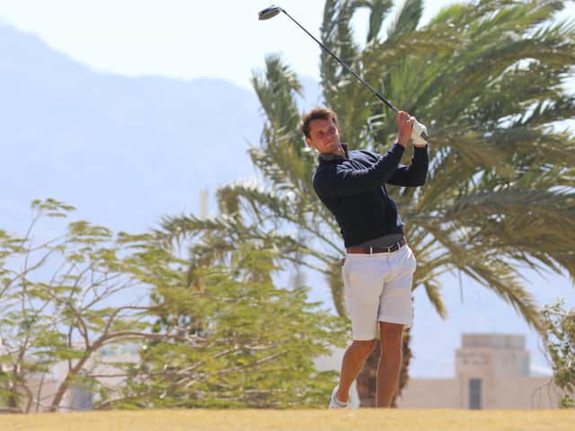Ryan Lumsden on his way to a three-under-par 69 in the second round and a two-shot lead in the MENA Tour's Journey to Jordan #2 at Ayla Golf Club. Picture: Joy Chakravarty.