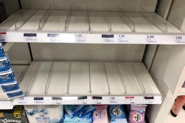 A Boots branch in Edinburgh running low on hand sanitisers as people rush to buy the antibacterial washes during the Covid 19 outbreak. Picture: Lisa Ferguson