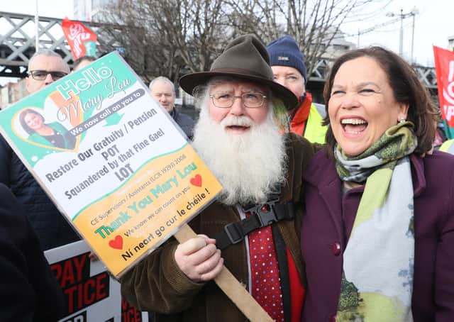 Sinn Fein President Mary Lou McDonald joins a strike over pensions in Dublin (Picture: Brian Lawless/PA Wire)