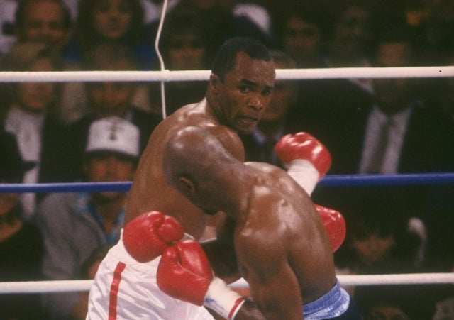 Sugar Ray Leonard, facing camera, defeats Marvin Hagler during a bout at Caesar’s Palace in Las Vegas, Nevada (Picture: Allsport/Getty)