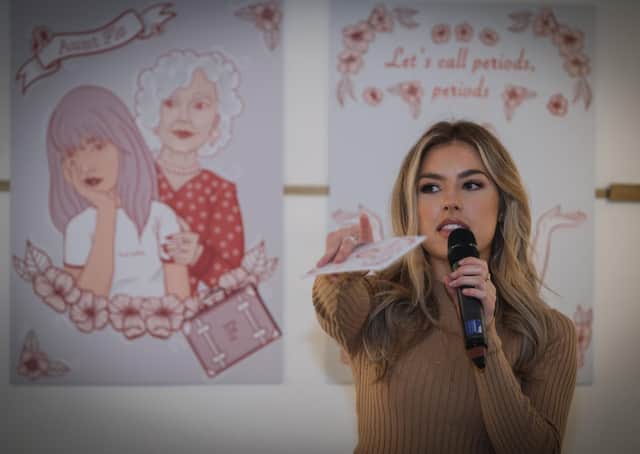 Miss Scotland, Keryn Matthew, talks at the 'Let's Call Periods, Periods' campaign