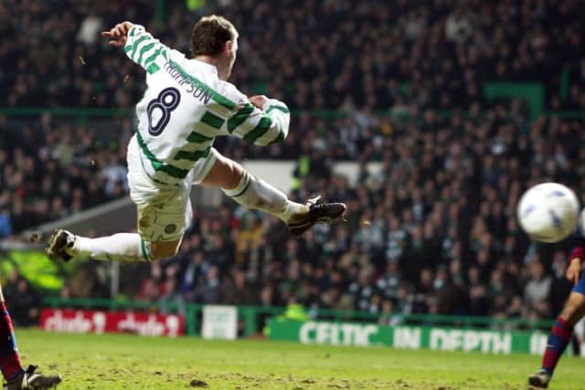 Alan Thompson scores to give Celtic a 1-0 win over Barcelona at Celtic Park  in the Uefa Cup in 2004 – the club’s last post-group stage knockout win in European competition.