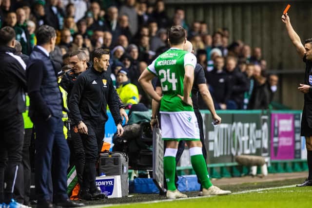 Tom Culshaw is sent off after dust-up during Rangers' 3-0 win over Hibs