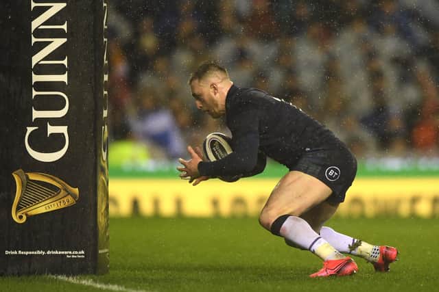 Scotland captain Stuart Hogg fumbles the ball near his own tryline against England. Picture: Stu Forster/Getty Images