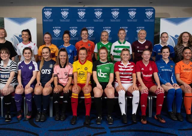 Players from the 18 member clubs gather to promote this season’s SWPL, which kicks off with Celtic v Glasgow City this evening. Picture: SNS.