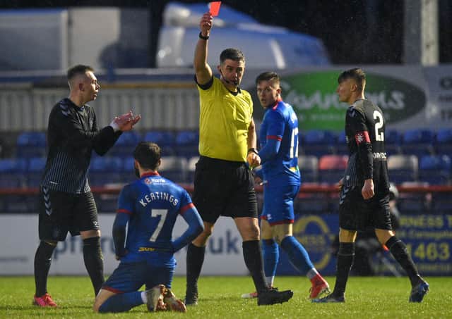 James Keatings is shown a red card after a challenge by Rangers' Ciaran Dickson which the SFA's disciplinary panel refused to rescind. Picture: SNS.