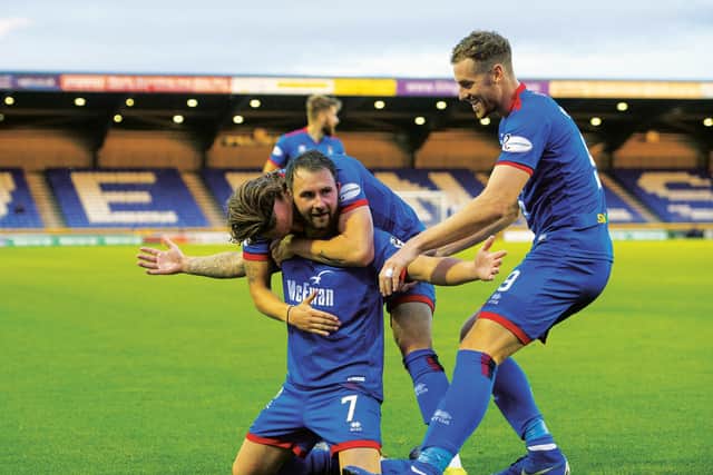 James Keatings celebrates scoring for Inverness Caledonian Thistle as he bids to help his fourth different club win promotion to the Premiership. Picture: SNS.