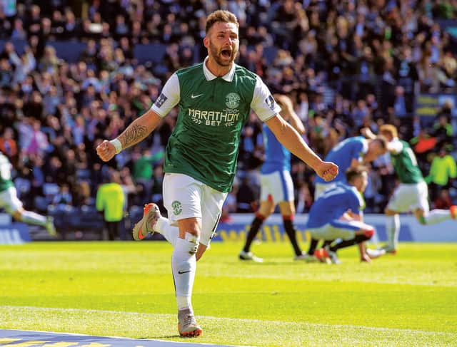 James Keatings goes his own way to celebrate David Gray's winning goal for Hibs in the 2016 Scottish Cup final. Picture: Craig Williamson/SNS