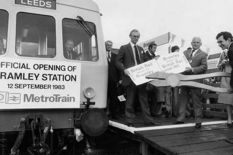 September 1983 and County Councillor Bill Sykes (centre), chairman of West Yorkshire County Council, has his ticket punched at the newly-opened Bramley Station by Paul Watkinson (right) Yorkshire division manager.