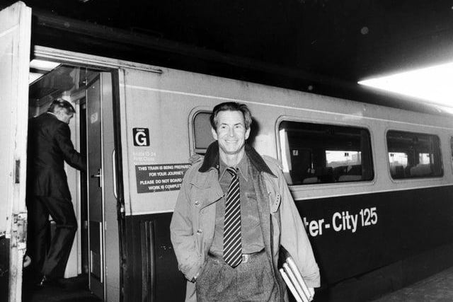 Actor Anthony Perkins - best remembered for playing Norman Bates in Alfred Hitchcock's Psycho - arrives at Leeds Station in November 1983.