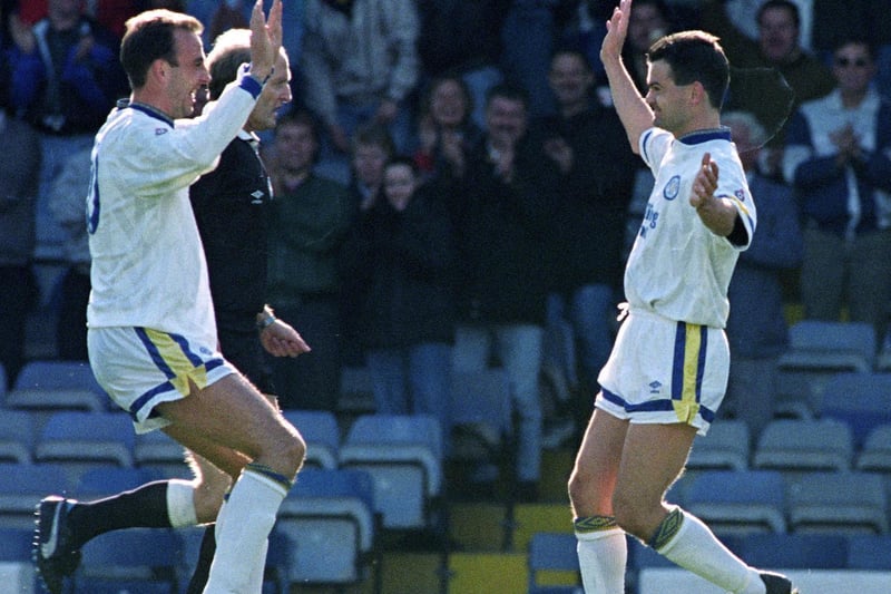 Steve Hodge celebrates his early goal with Gary McAllister.