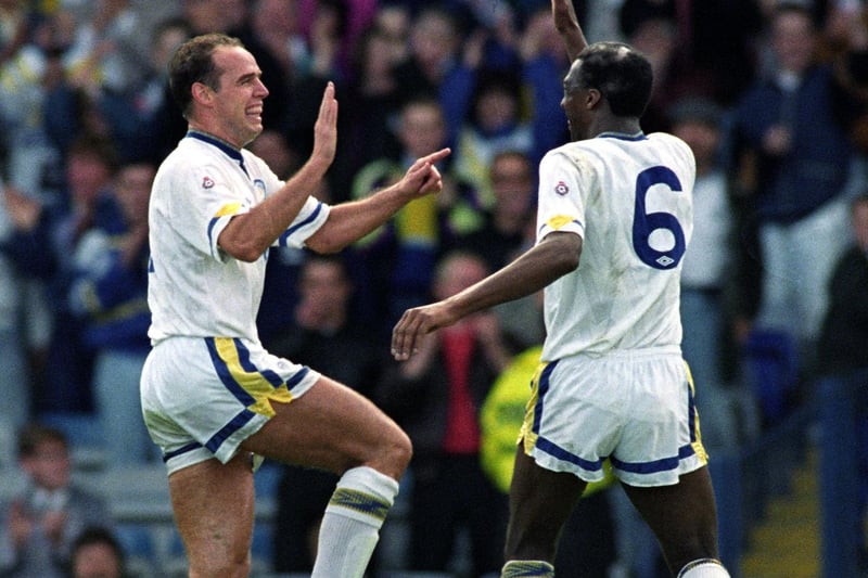 Mel Sterland celebrates scoring from the penalty spot with teammate Chris Whyte.