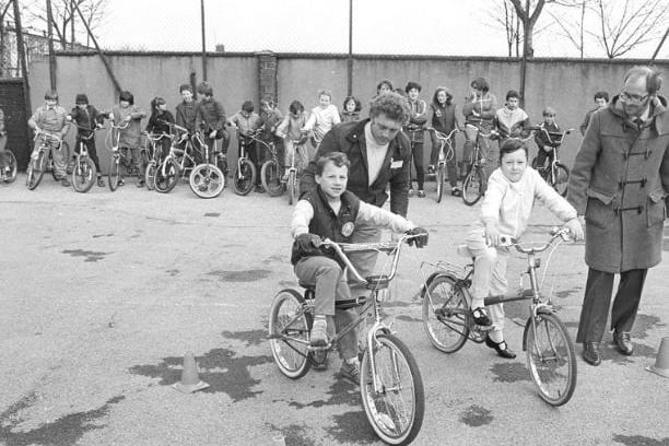 Students at Woodhouse First School, Normanton, receive cycle training in the school playground.