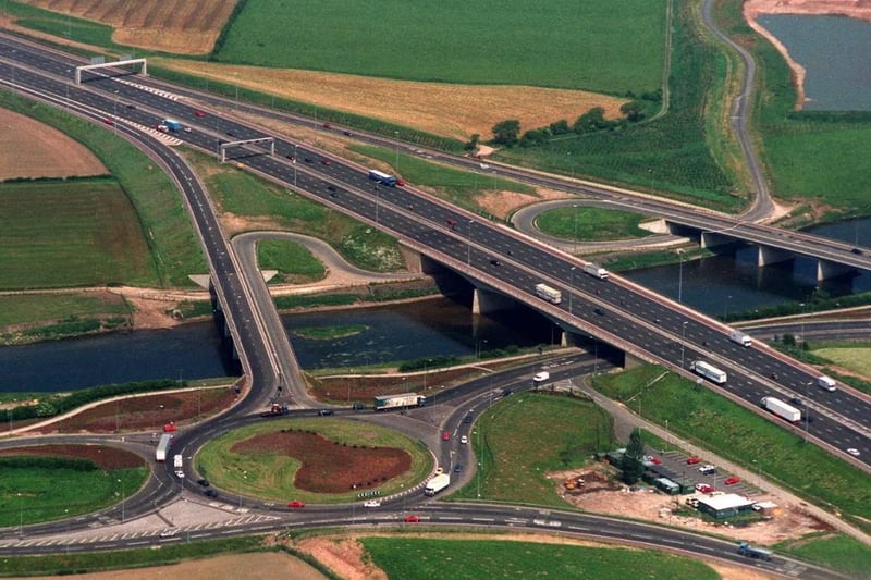 Junction 31 of the M6 at Preston, showing what is now the NW Motorway Patrol police station, and Brockholes Nature Reserve in the top right