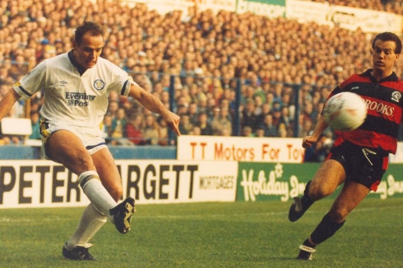 Mel Sterland crosses as Andy Sinton looks on during Leeds United's clash with Queens Park Rangers at Elland Road in November 1991.