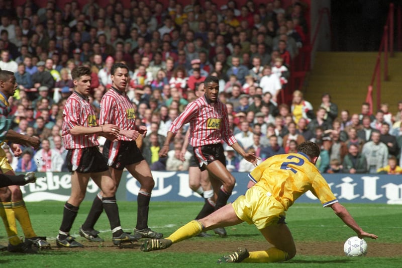 Mel Sterland in action against Sheffield United at Bramall Lane in May 1992 as Leeds United won 3-2.