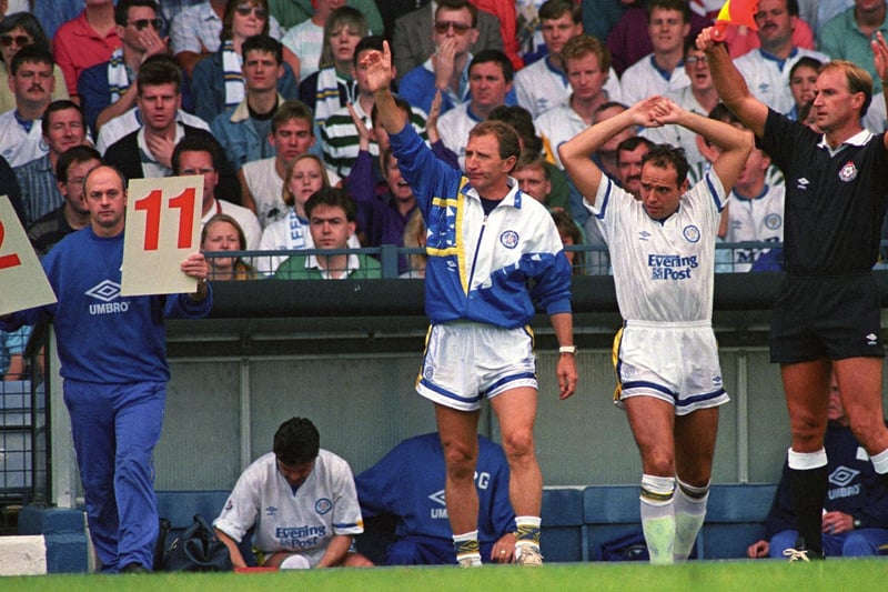 Mel Sterland prepares to come on against Sheffield Wednesday at Elland Road in August 1991. The game finished 1-1 with Steve Hodge (also pictured) rescuing a point for the Whites on his debut.
