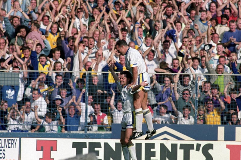 Mel Sterland celebrates with goalscorer Steve Hodge whose goal was enough for Leeds United to earn victory against Liverpool at Elland Road in September 1991.