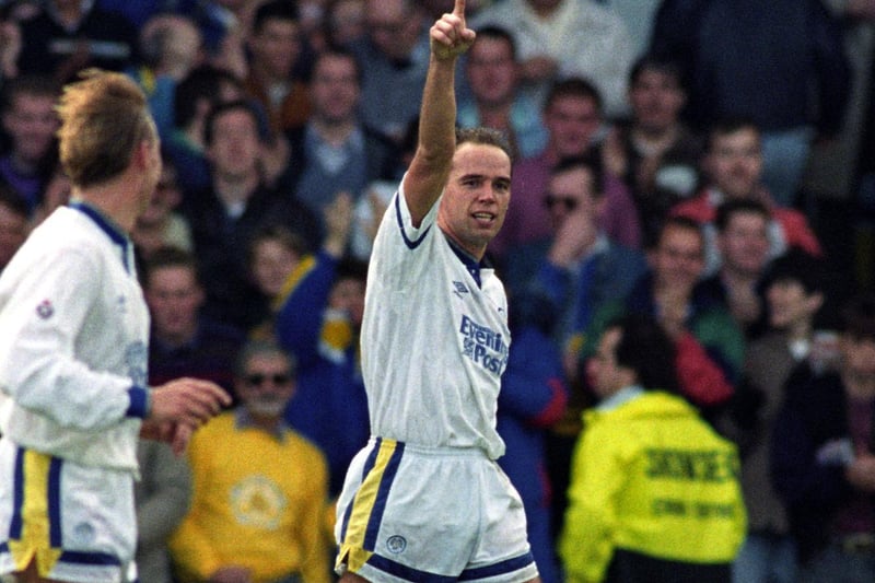 Mel Sterland celebrates scoring against Sheffield United at Elland Road in October 1991. He also scored from the penalty spot as the Whites won 4-3.