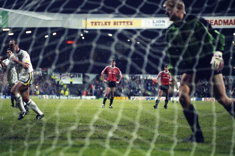 Mel Sterland celebrates equalising from the penalty spot against Manchester United at Elland Road in December 1991.