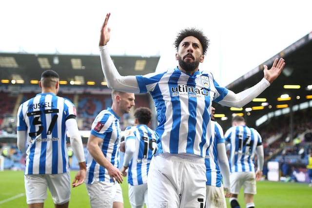 Josh Koroma of Huddersfield Town celebrates after scoring their team's first goal during the Emirates FA Cup Third Round match between Burnley and Huddersfield Town at Turf Moor on January 08, 2022 in Burnley, England.