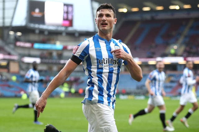 Matty Pearson of Huddersfield Town celebrates after scoring their team's second goal during the Emirates FA Cup Third Round match between Burnley and Huddersfield Town at Turf Moor on January 08, 2022 in Burnley, England.