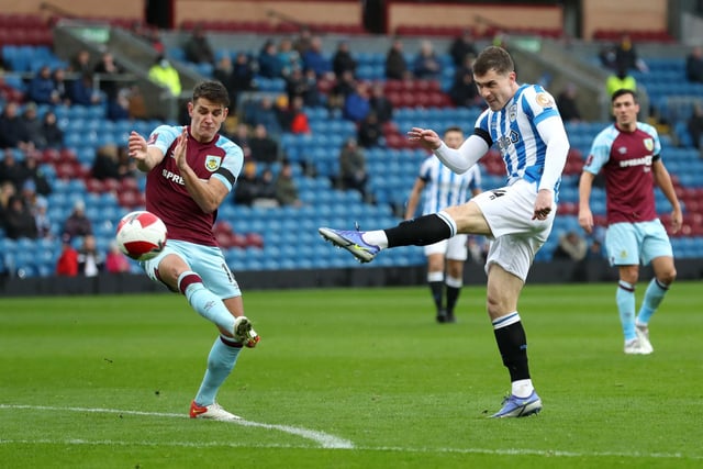Josh Ruffels of Huddersfield Town shoots but fails to score during the Emirates FA Cup Third Round match between Burnley and Huddersfield Town at Turf Moor on January 08, 2022 in Burnley, England.