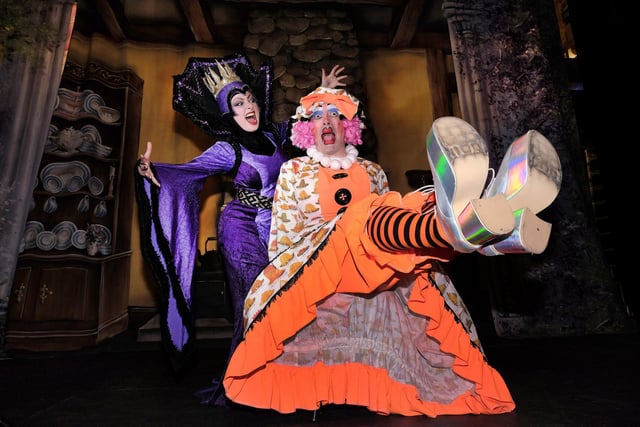 Wicked Queen Sara Nelson with Phil Beck as Dot in Scarborough Spa's Snow White.