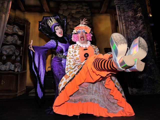 Wicked Queen Sara Nelson with Phil Beck as Dot in Scarborough Spa's Snow White.