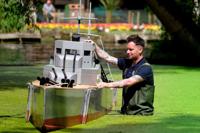 Damien Rhodes prepared one of the boat for the Peasholm Park Naval Warfare.