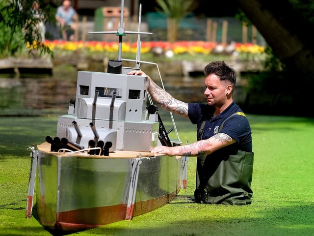 Damien Rhodes prepared one of the boat for the Peasholm Park Naval Warfare.