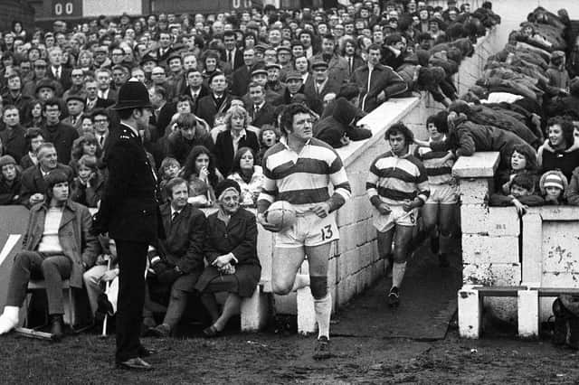 Wigan captain Doug Laughton leads out the team for the Challenge Cup 2nd round match against St. Helens at Central Park on Sunday 18th of February 1973.
Wigan won 15-2.