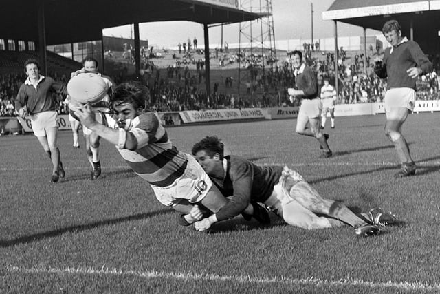 Wigan forward Denis Ashcroft stretches over for a try against Keighley in a league match at Central Park on Saturday 23rd of October 1971.
Wigan won the game 36-7.