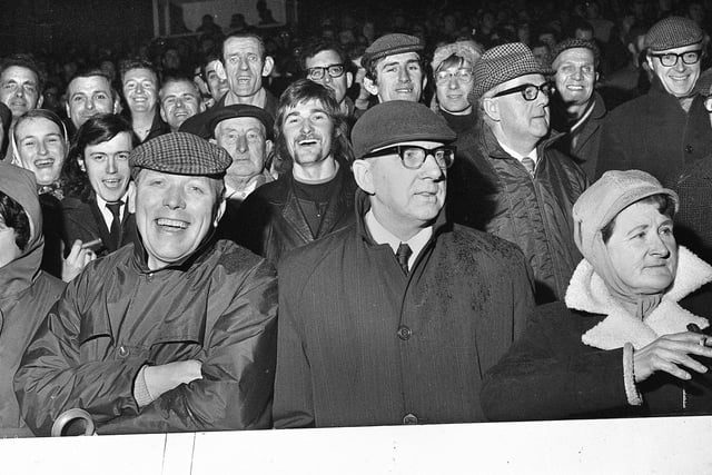 Wigan fans at the Wigan v Saints Boxing Day derby match on Monday 27th of December 1971 at Central Park.
Wigan won the match 8-3 with three goals from Colin Tyrer and one from Frankie Parr.
